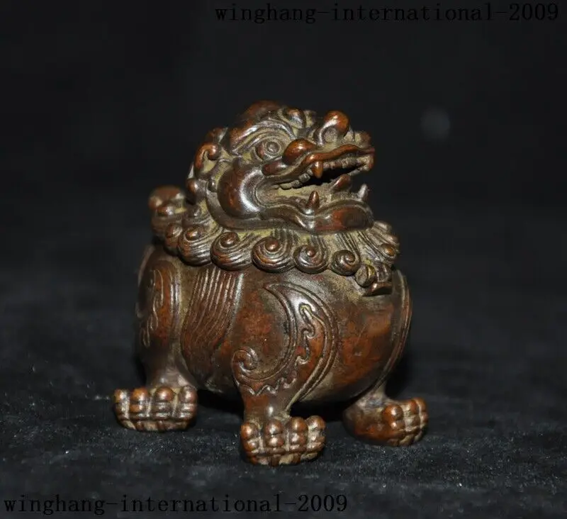 Collect Old Chinese Pure Bronze Lion Foo Dog Beast Statue Incense Burner Censer