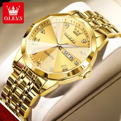 OLEVS Original Waterproof Men's Watches Diamond Mirror Quartz Watch for Man Luminous Stainless Steel Wristwatch Male Date Week