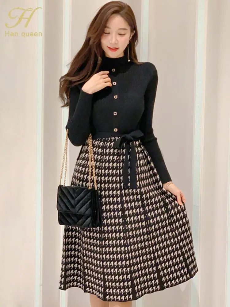 H Han Queen Winter Women Vintage Color block Houndstooth Knitted Dresses Lace-up Office Dress Elegant Bottoming Sweater Vestidos