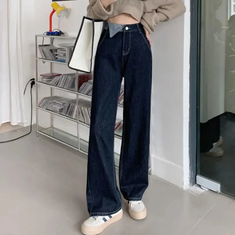 Blue and Gray High-waisted Jeans Women in Spring and Autumn New Straight-leg Loose Slimming Wide-leg Floor-slimming Pants
