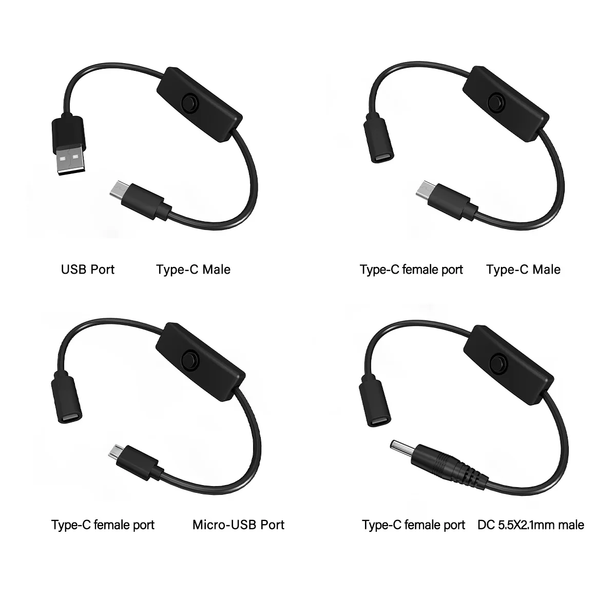 On/Off Switch USB C Cable | USB-C Male,C Female,Micro-USB, DC 5.5x2.1mm Extension Cord-Suitable for Mobile Phones, Fans, Etc-5V