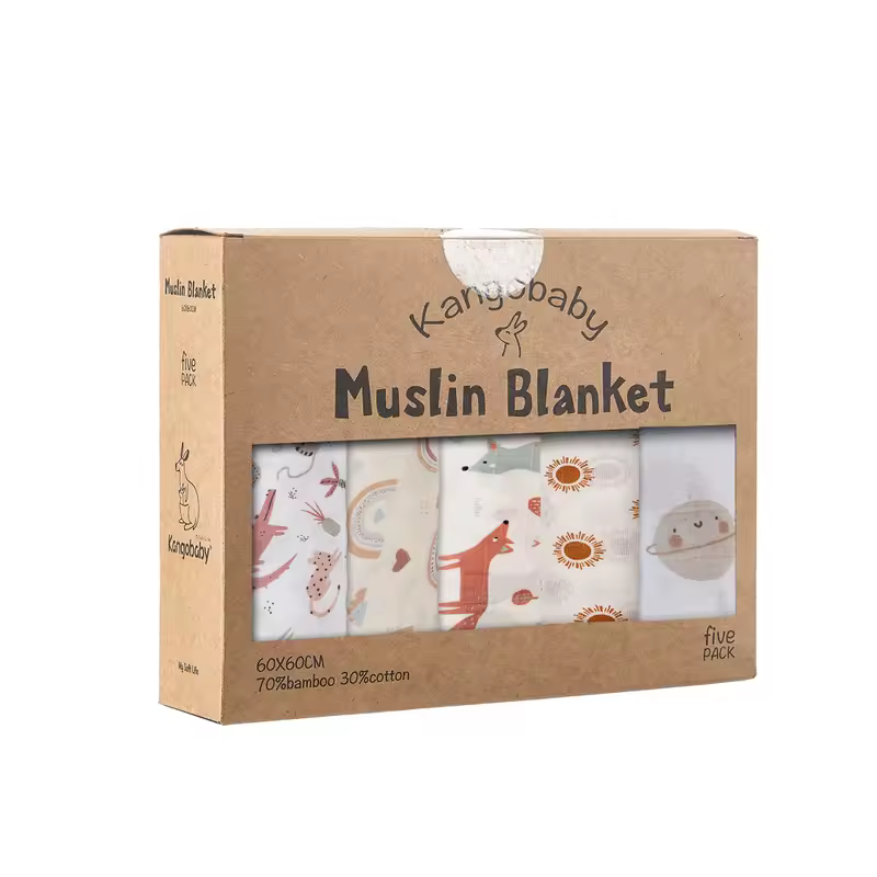 Kangobaby #My Soft Life# 5 Pieces Pack Multi-Functional Bamboo Cotton Muslin Blanket Baby Burp Cloth Set - Image 7