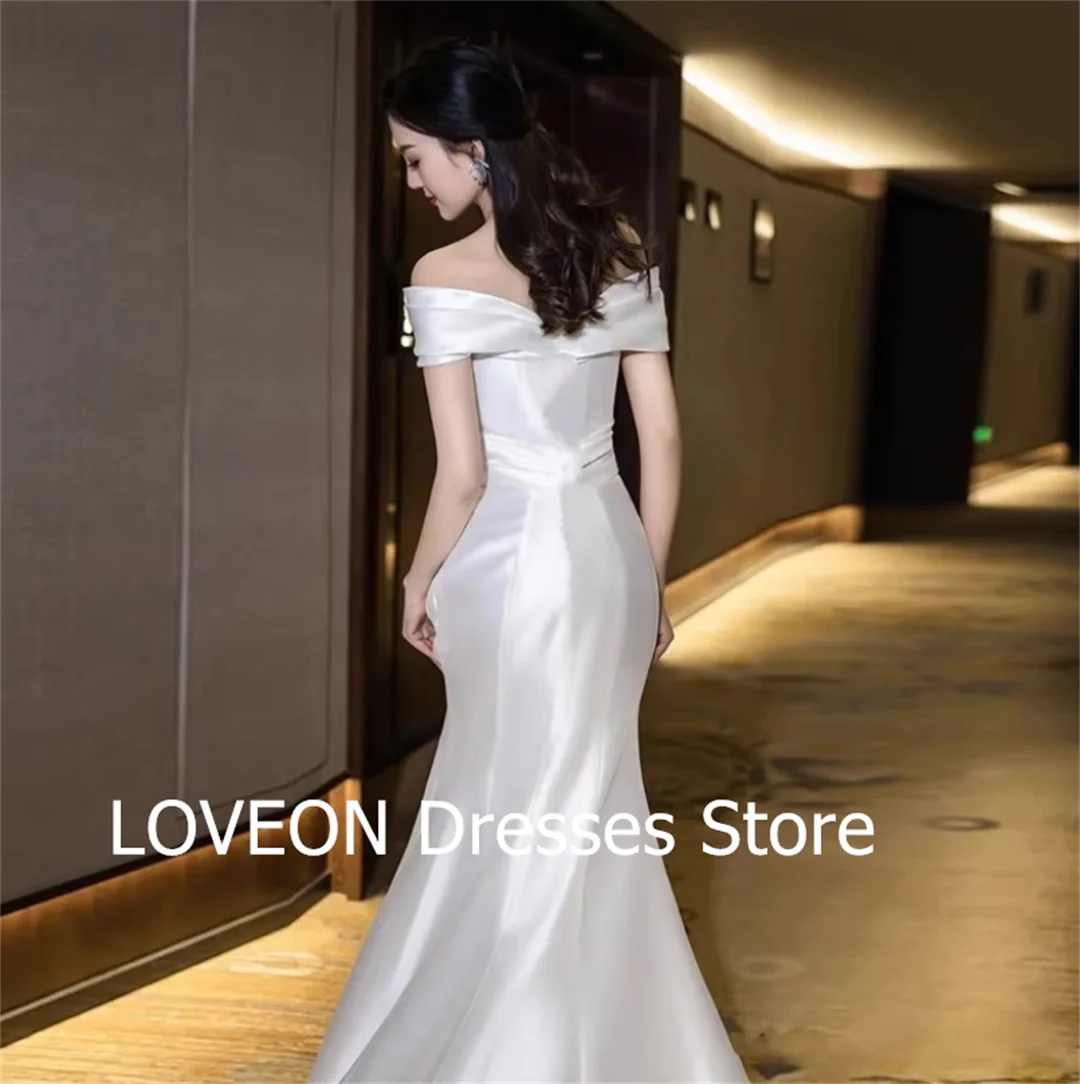 GIOIO Off Shoulder Wedding Dresses Floor Length 프롬드레스  Korea Mermaid Satin Ruched Pretty Ivory Bride Gowns Party Women Bride