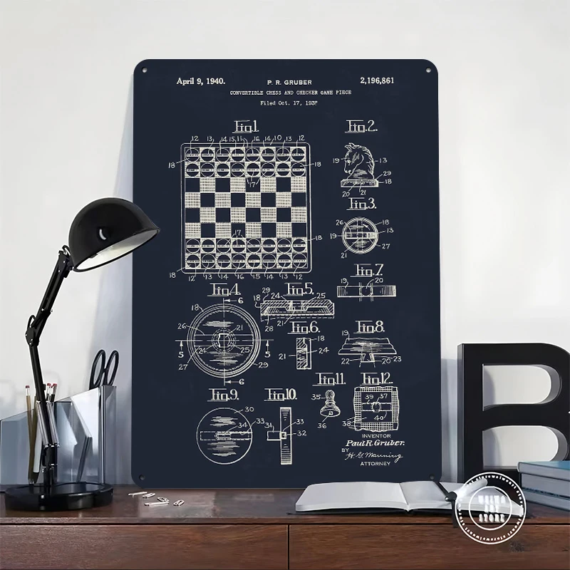 Convertible Chess Checker Metal Poster Customized Wall Art Retro Vintage Metal Signs for Man Cave Home Decor Living Room Items