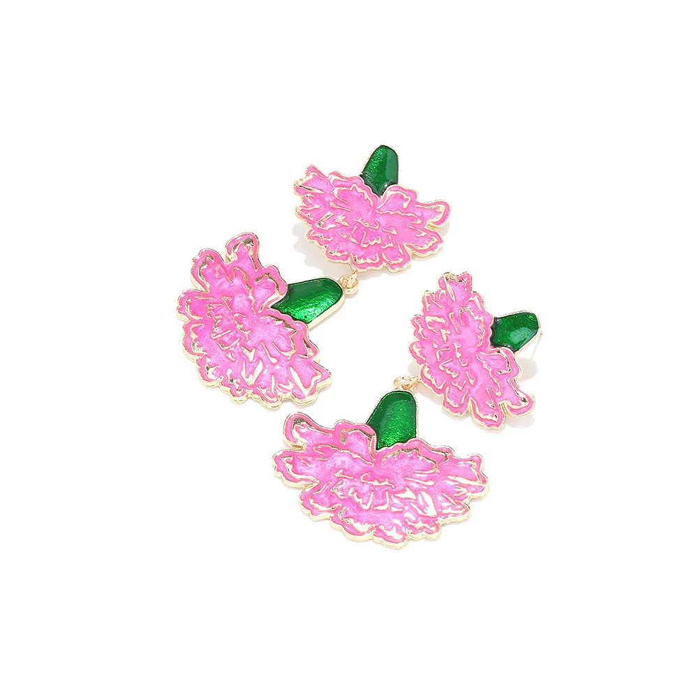 Fashion Vacation Style Metal Oil Dripping Carnation Pendant Earrings Female Mother's Day Enamel Flower Earrings Female