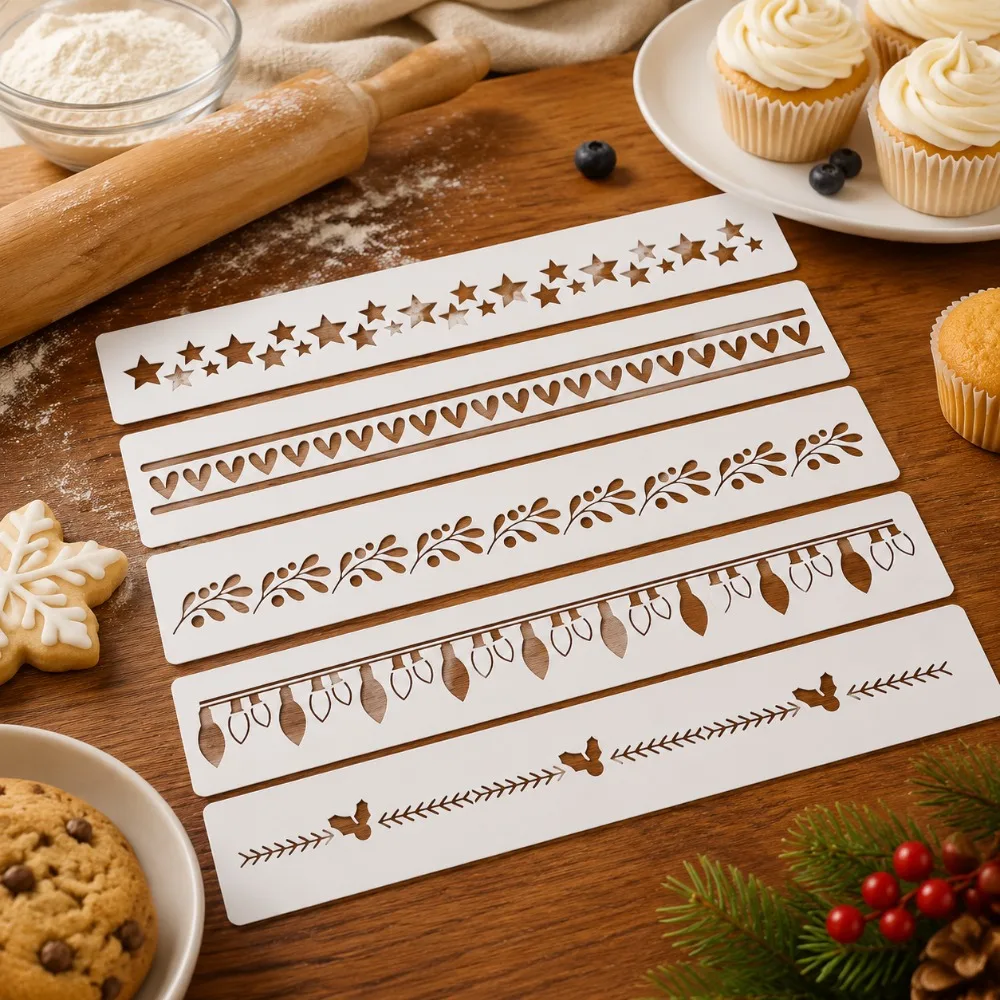 5‑Pack 30×5cm Christmas Border Stencils, Star‑Heart‑Leaf Hollow Templates, Xmas Cake Cookie Powder Baking Decor
