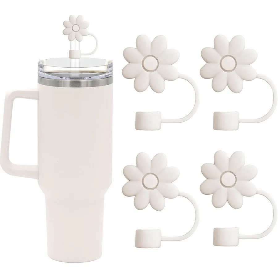 Flower Straw Cove Toppe for Stanley Cups 30and40 Oz Tumbler with Handle Accessories 4PCS Silicone Straw Caps Reusable Straws Ti