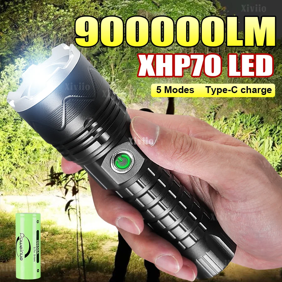 

NEW XHP70 Super Bright Flashlight 900000LM Powerful LED Torch USB Rechargeable 26650 Flashlight Zoomable Camping Hunting Lantren