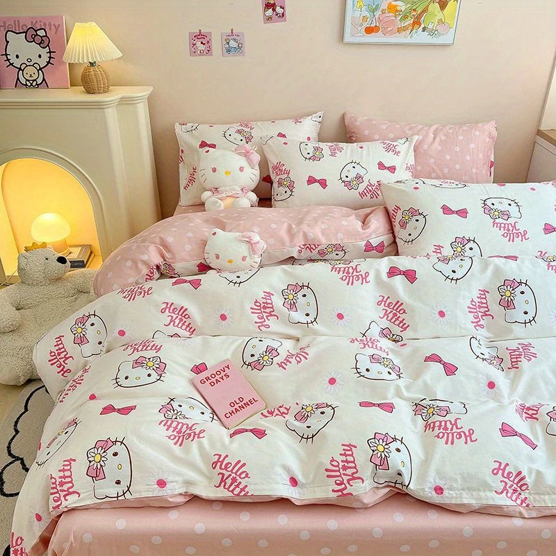 Hello Kitty Pink Duvet Cover - Cute Cartoon Pattern, Soft Polyester, Tear-resistant  Suitable for Gift Giving