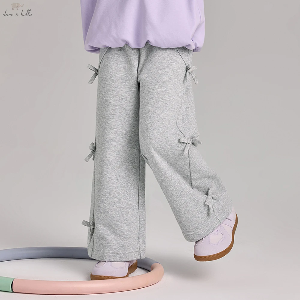 Dave Bella Girl's Spring Wide Leg Pants Fashion Casual Elastic Waist Knitted Trousers Kids Bow Formal Party Pants DK1260343