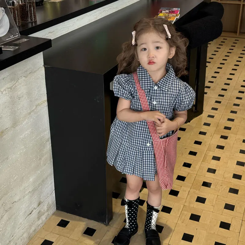

2025 New Summer Children's College Style Sub Bubble Sleeve Button up Shirt Pleated Skirt