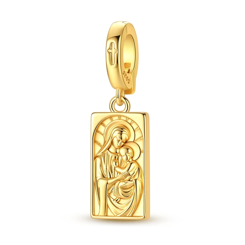 

925 Sterling Silver Charms Bead CZ Zircon Golden Madonna and Child Dangle Fit Original Bracelet DIY Women Jewelry