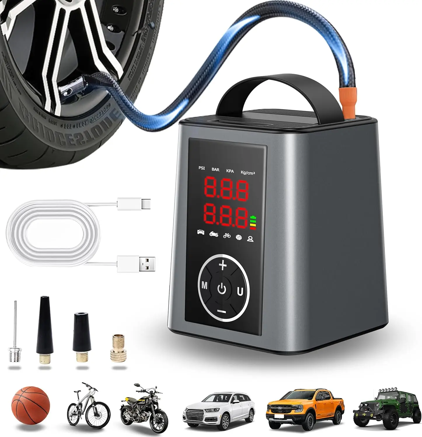 

Smart Tire Inflator 150 PSI, 20000mAh Cordless Air Pump with Emergency Light for Car, SUV, Motorcycle, Bike