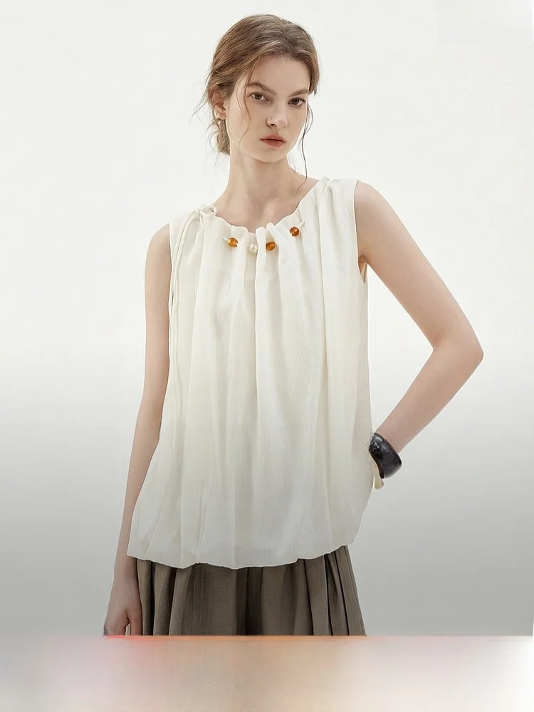 

ELLE Commuter Style Beaded Design Sleeveless Women's Shirt Fashionable Unique High-End Feel Summer New Arrival