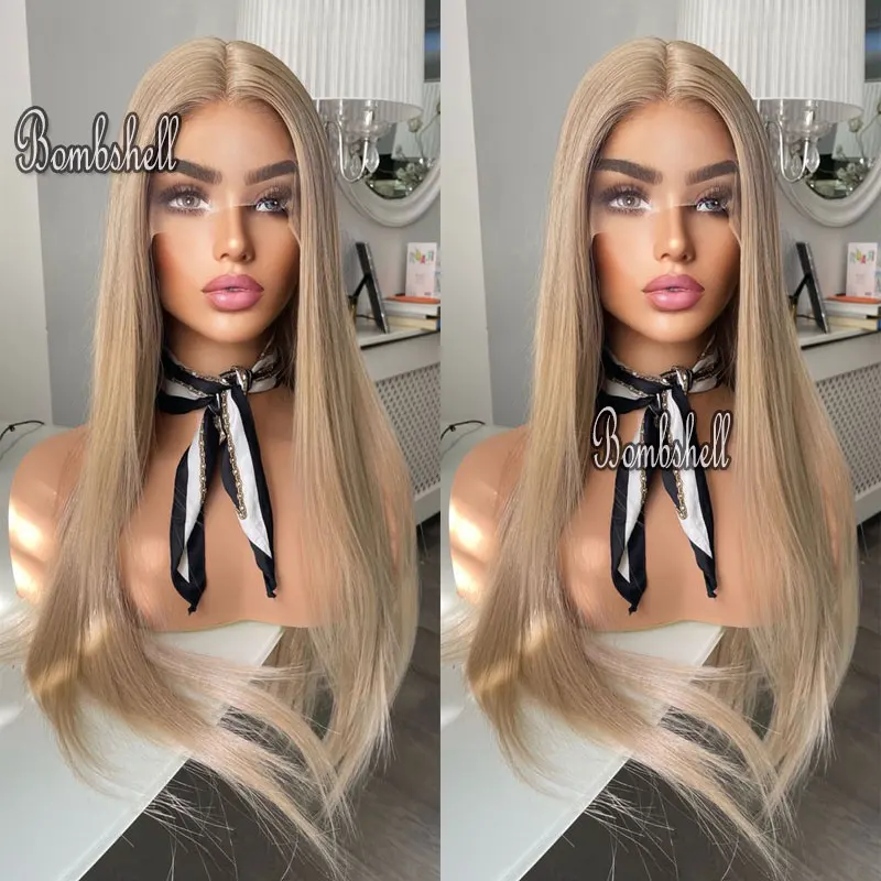 

Bombshell Linen Brown Straight Synthetic 13x4 Lace Front Wigs Glueless High Quality Heat Resistant Fiber Hair For Fashion Women