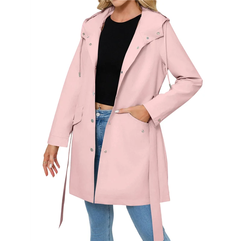 

ALIM-Women Hooded Classic Tie Belt Drawstring Outdoor Activity Waterproof Rain Coat Windbreaker
