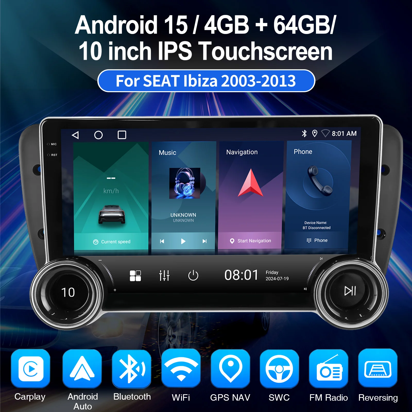 ESSGOO 10'' 32/64G Android 15 Autoradio Für Seat Ibiza 6J 2009-13 Carplay Android Auto GPS Navi WIFI BT FM RDS Mit Doppel Knopf – Detail 2