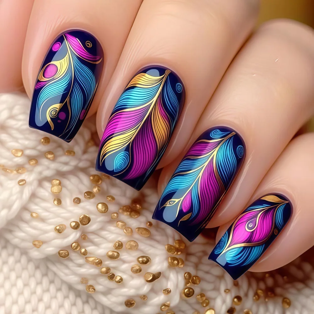 Colorful Feather Leaf Design Glossy Square Tips Press on Nails Colorful Press on Nails Peacock Feathers Pattern False Nails