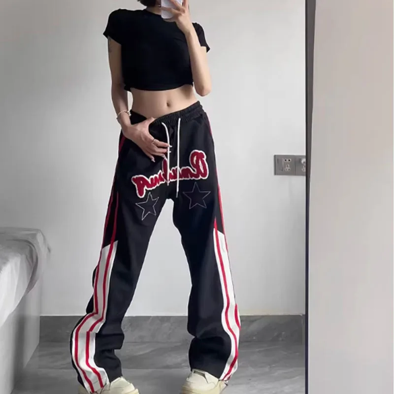 Summer American star letter pants fashion brand Korean striped casual loose matching men's and women's sweatpants