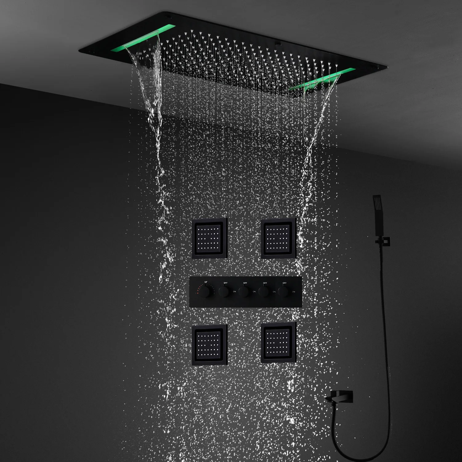 hm High Quality Black LED Shower System Waterfall Rain Shower Set Bathroom Thermostatic Diverter Mixer Faucets Massage Body Jets