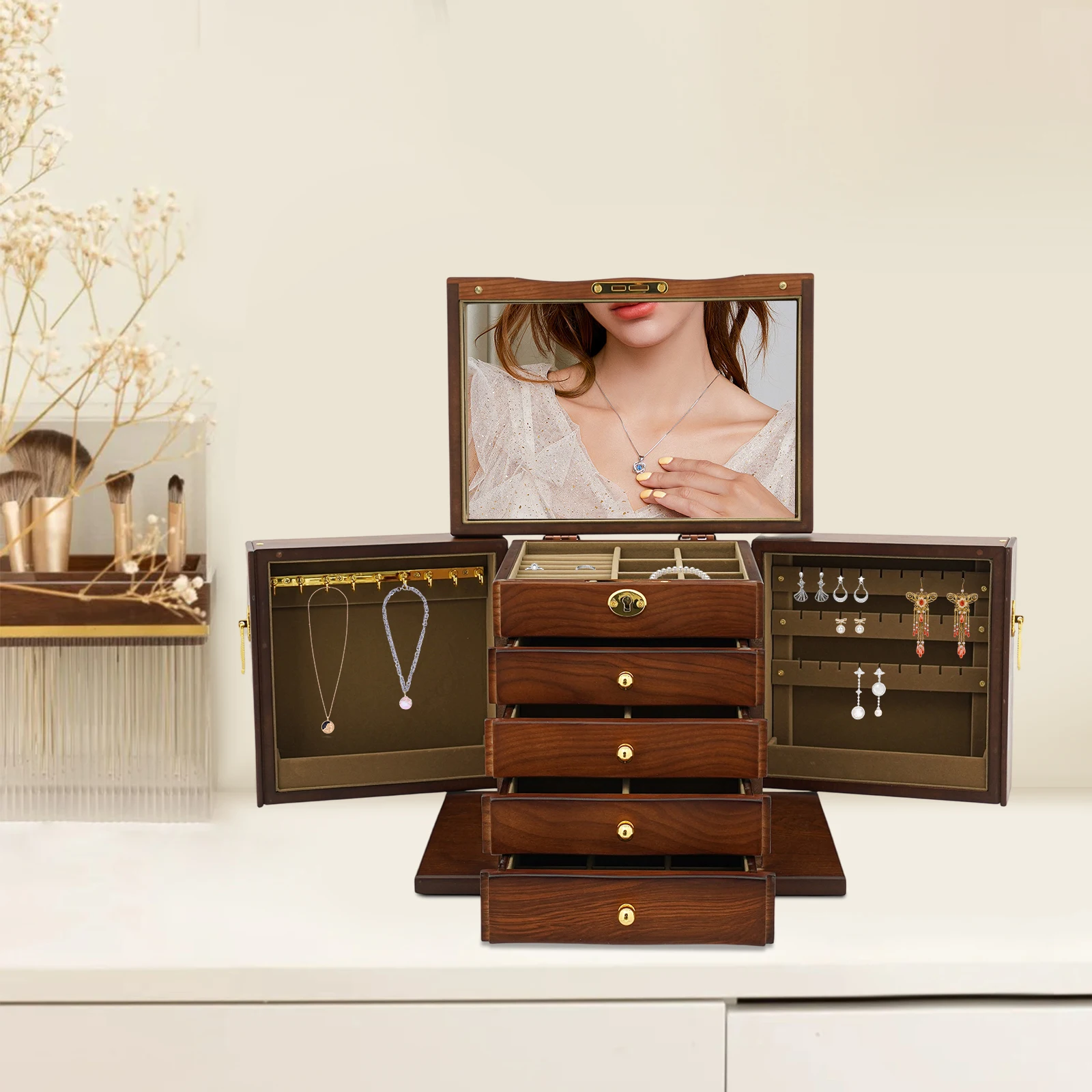 

Деревянная шкатулка для драгоценностей для женщин, деревянный органайзер с комбинированным замком для ювелирных изделий, ожерелий, колец, ящик для хранения в винтажном стиле с зеркалом