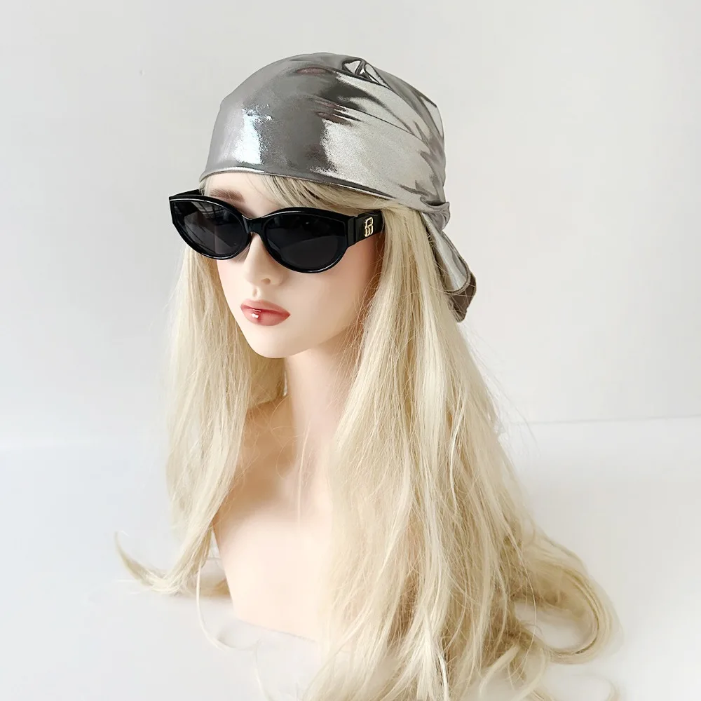 

Y2K Liquid Silver Hair Scarf Soft Wrap Headband Laser Color Hair Band Hip Hop Slender Scarf Punk Bandana Streetwear