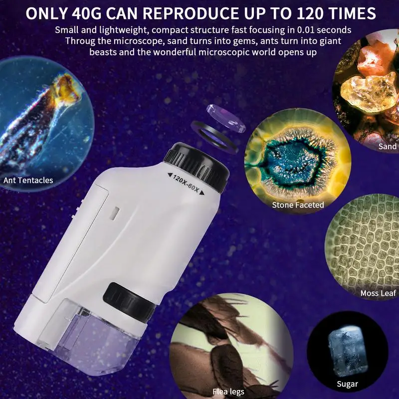 Portée de poche portable à LED pour enfants, jouets de science STEM, mini, déterminer, 60X-120X, 7-14 ans