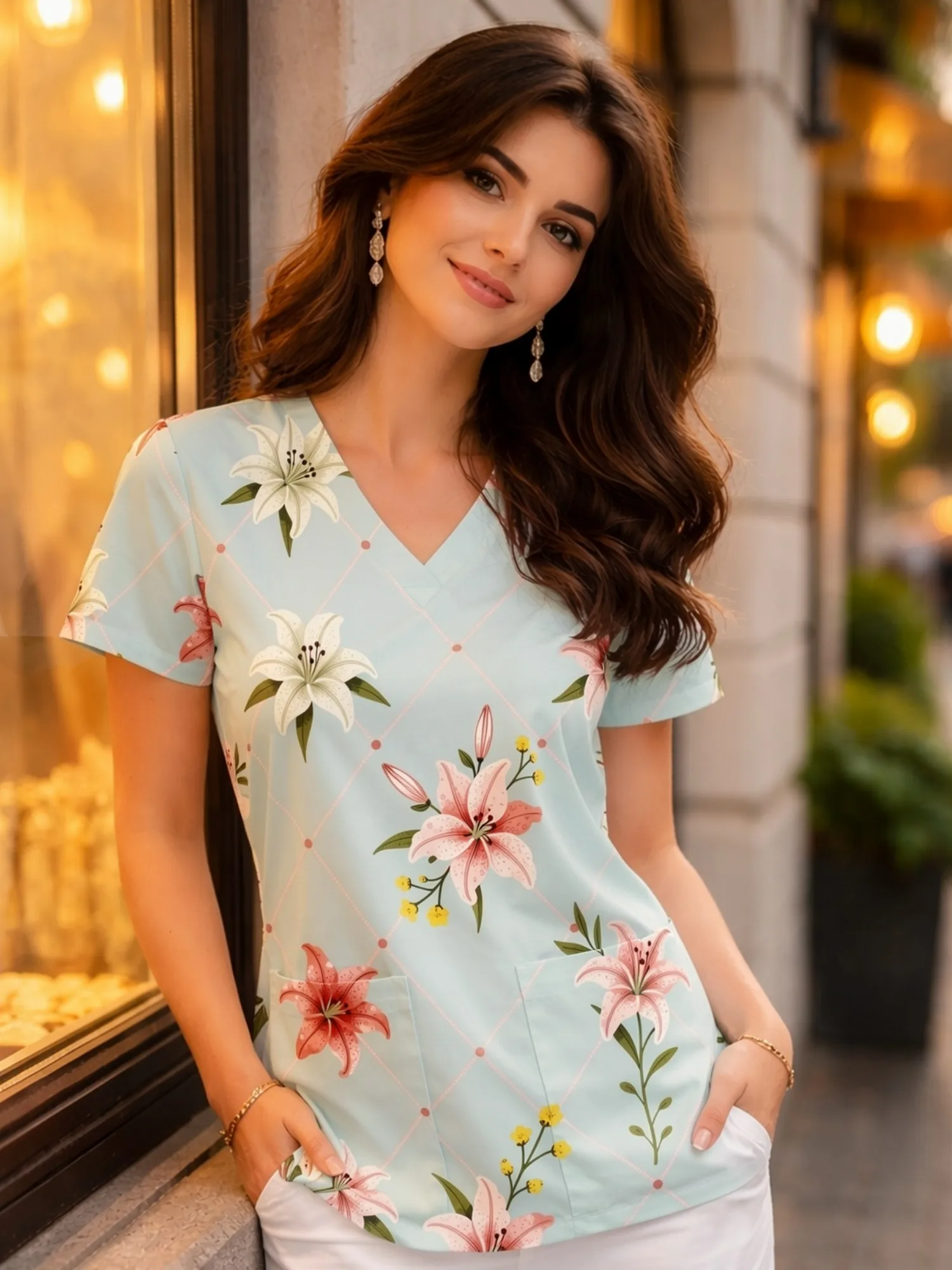 Ladies Modern V Neck Floral Design Medical Scrub Top Designed With Front Pockets Casual Work Style Comfortable Fit For Home Care