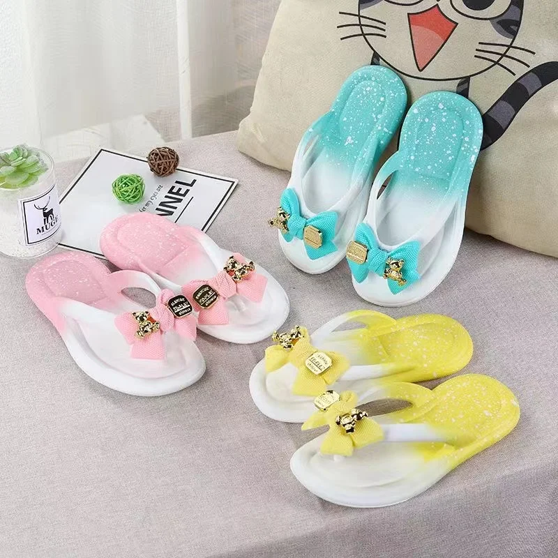 2024 Summer Baby Girls Slippers Children PVC Cartoon Bow Bear Print Flips Flops Beachwear Outdoor Non-slip Kids Shoes Size 24-35