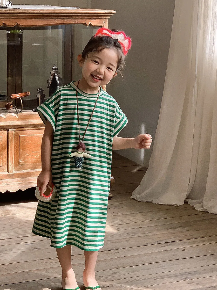 Korean Style Baby Girls T-Shirt Dress Purple/Green Long Loose Cotton Dress  with White Stripes Kids Short Sleeved Casual Clothing - AliExpress