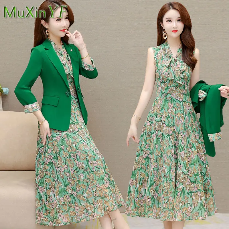 2022 Spring Autumn New Suit Jacket Dress Two-piece Women\'s Elegant Blazers Floral Long Skirt Set Female Office Professional Wear