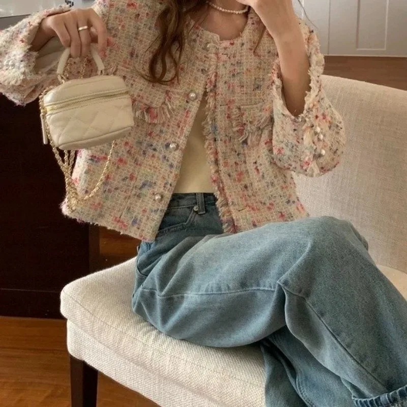 Women's Spring Autumn Cropped Tweed Jacket Rainbow Colours Coarse Weave Fringe Trim Outerwear Niche Market Chic Top