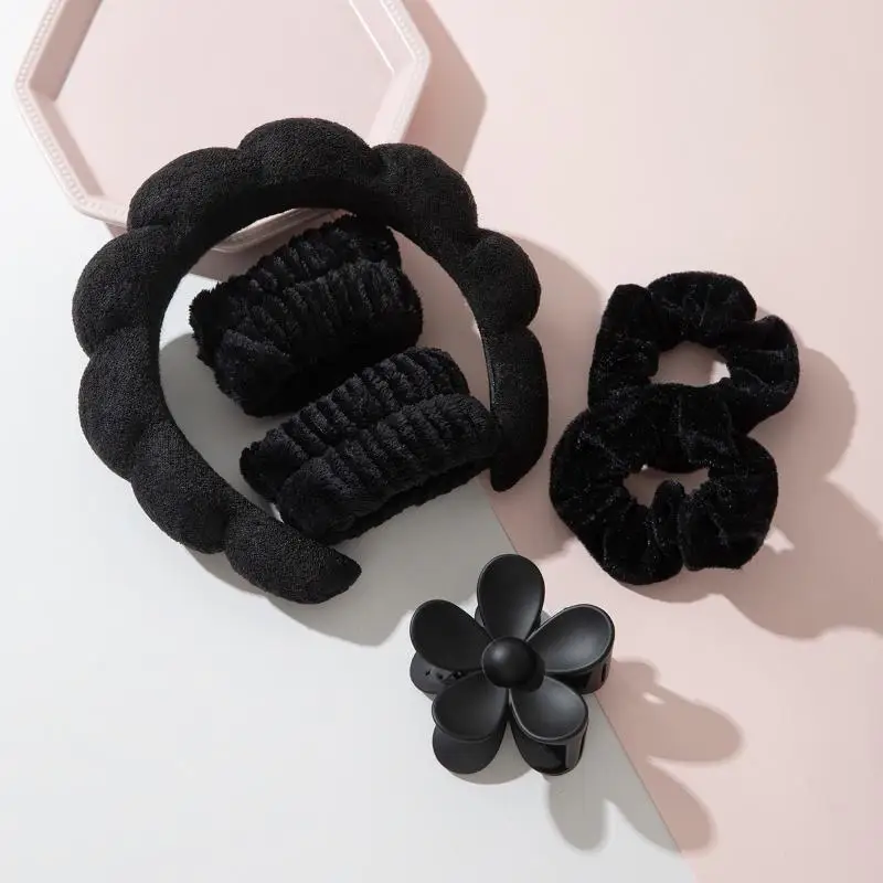 4/6-teiliges Plüsch-Hautpflege-Stirnband-Set mit saugfähigen Handgelenkbändern und niedlicher Blumen-Haarklammer für Gesichtsreinigung, Make-up und Hautpflege – Detail 13