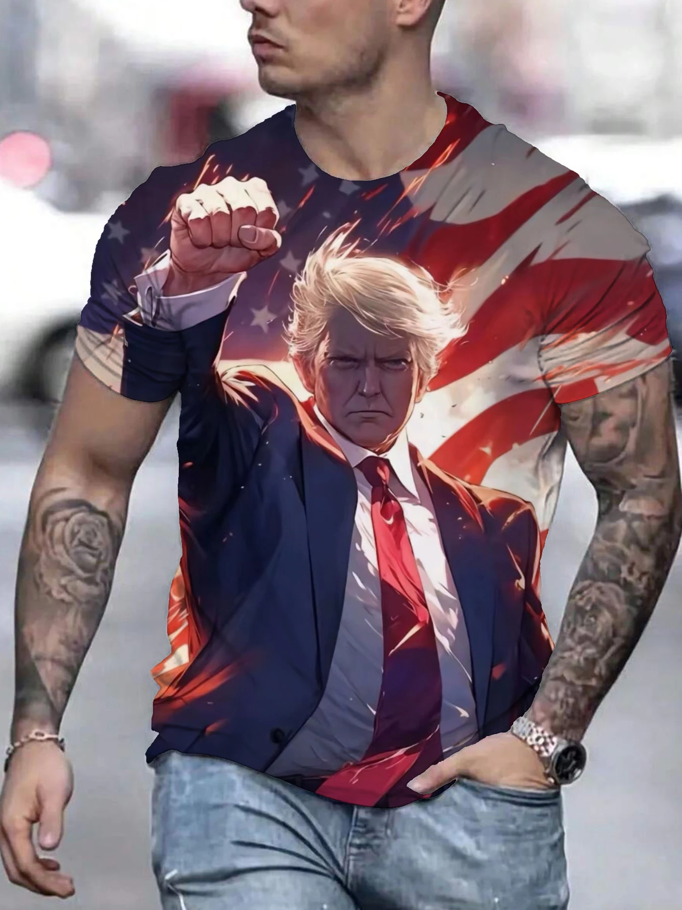 Fashion Men 3D Printed Short Sleeve Trump Fist Shouted Pattern Printed Short Sleeve