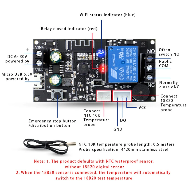 WIFI Remote Thermostat High Precision Temperature Controller Module Cooling and Heating APP Temperature Collection XY-WFT1 WFTX