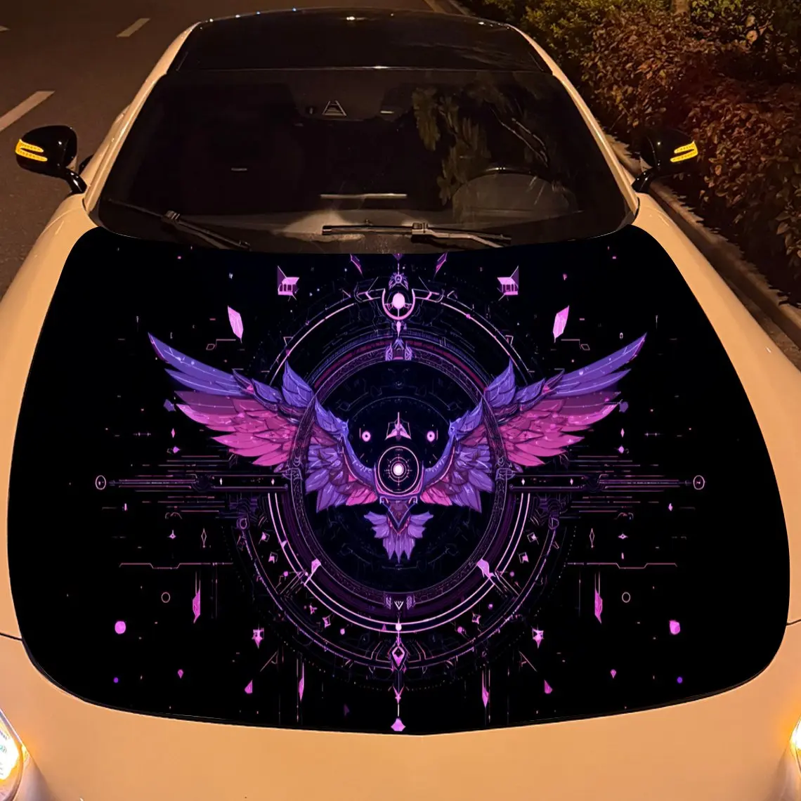 Purple Winged Sci-Fi Holy Emblem Car Vinyl Wrap, PVC Material Waterproof Car Hood Sticker, Self-Adhesive Scratch-Resistant Stick
