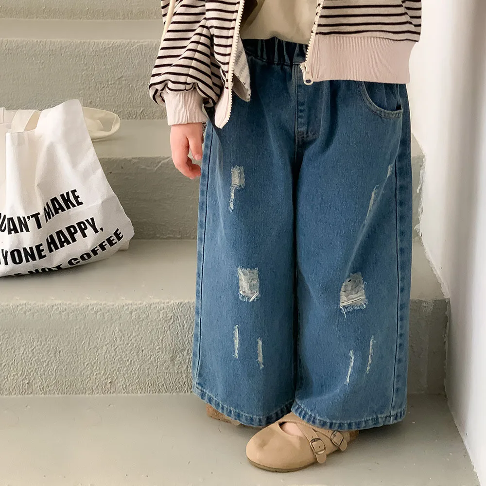 

Children Clothing 2024 New Fashionable Korean Style Jeans Washed Soft Denim Pants Casual All-match Wide-leg Pants