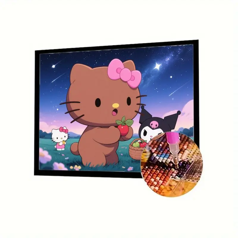 

1 шт. Набор алмазной живописи Sanrio Hello Kitty & Kuromi — милый мультяшный коричневый Hello Kitty с клубникой, сбор звездного ночного неба, полный D