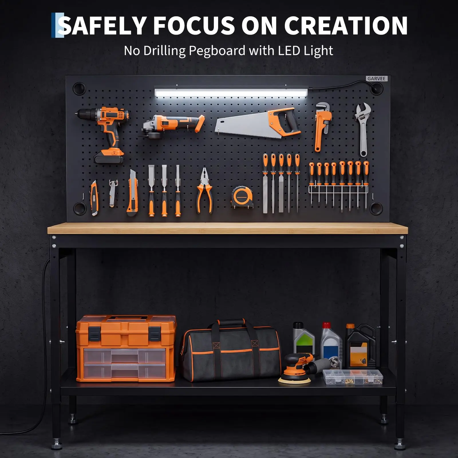 48x24 in Heavy-Duty Workbench with Pegboard Steel Work Table for Garage Workshop Integrated Storage Shelf 2000 lb heavy-duty capacity Built-in power and lighting