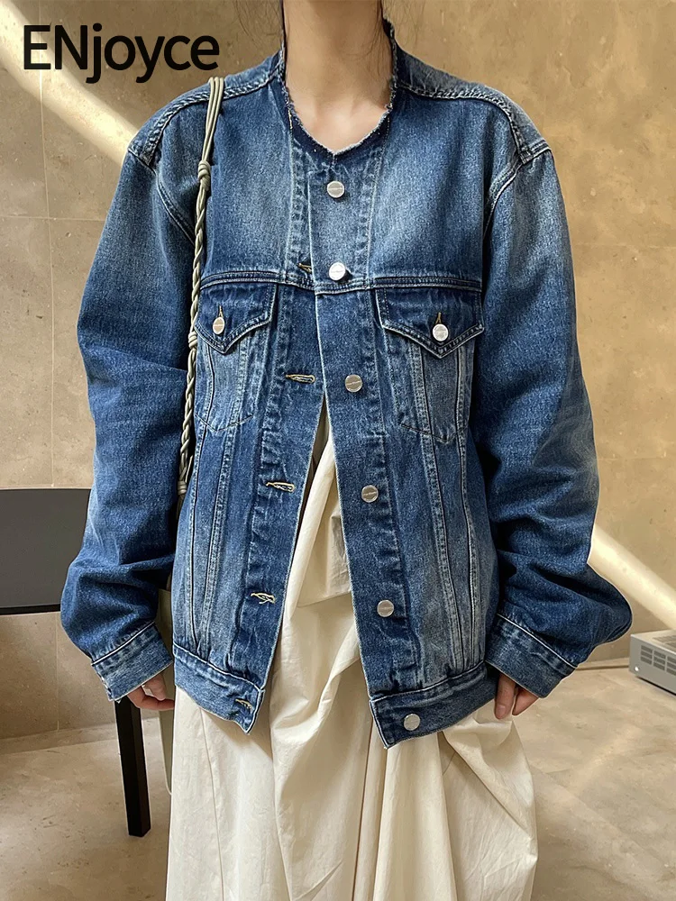 

ENjoyce Women Vintage Collarless Denim Jackets Japanese 2000s Style Y2K Streetwear Round Neck Bomber Coats Spring Fall