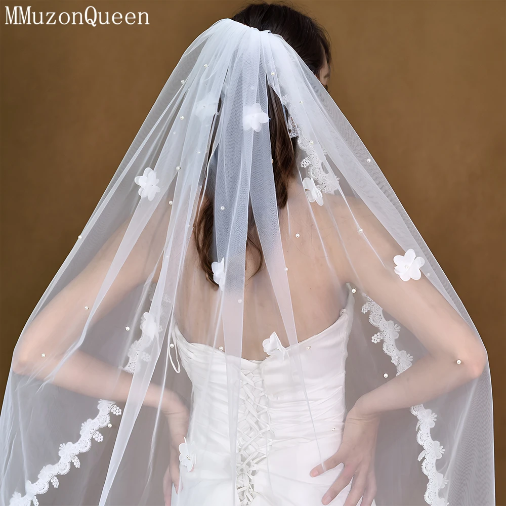 MMQ Lace 3d Flower Bridal Veil Refers To Long White Soft Tulle Outdoor Forest Wedding Accessory velo de novia corto  M19