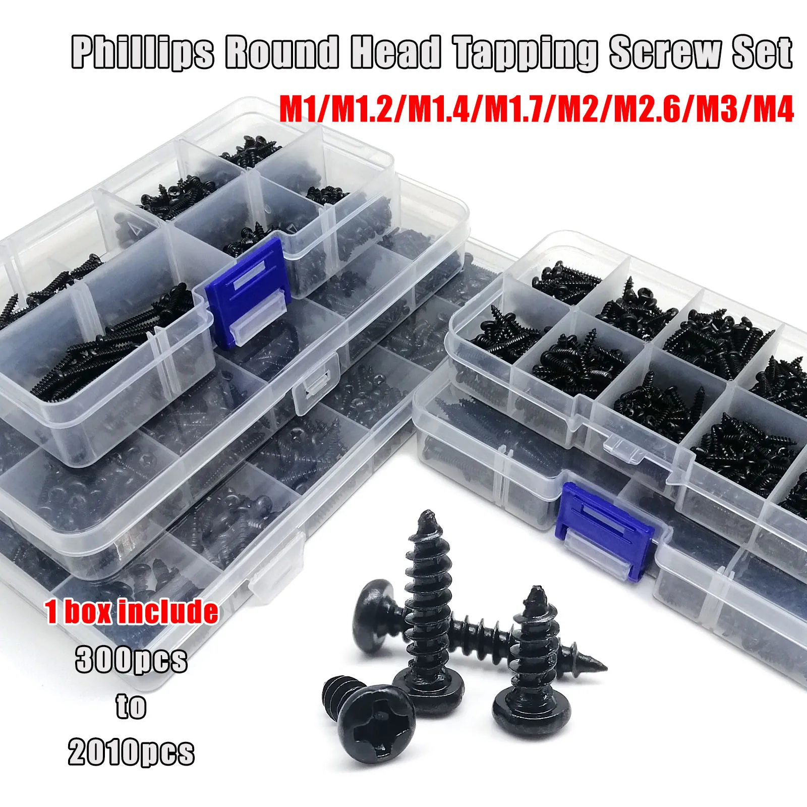 700/2010pcs M1 M1.2 M1.4 M1.7 M2 M3 M4 Black Steel Mini Micro Cross Phillips Round Pan Head Self Tapping Wood Screw Set Kit Box