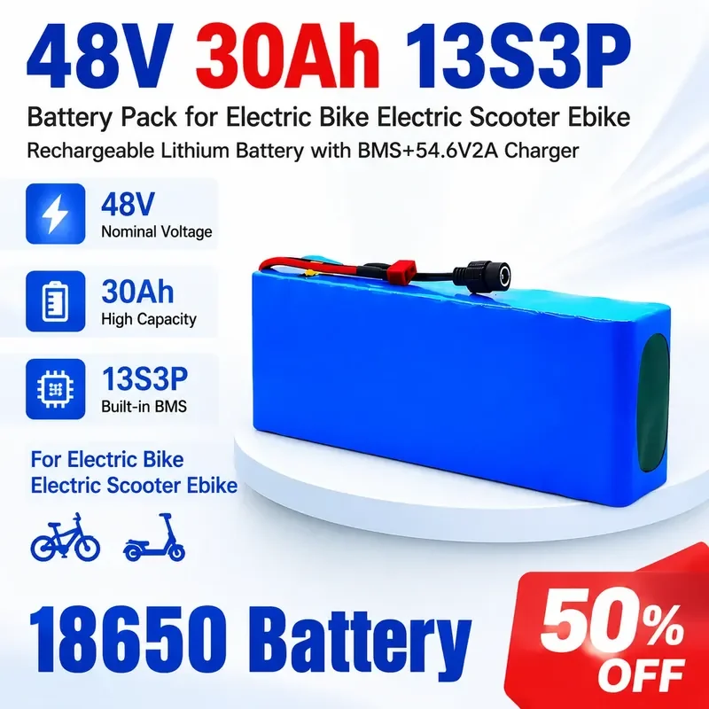

48V 30Ah 13S3P 18650 Battery Pack for Electric Bike Electric Scooter Ebike Rechargeable Lithium Battery with BMS+54.6V2ACharger