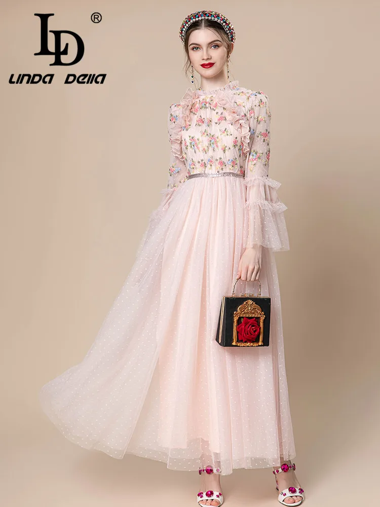 LD LINDA DELLA Summer Fashion Designer Elegant Dress Women Flower Color Flared sleeve Print Splice Lace Wave point Long Dress