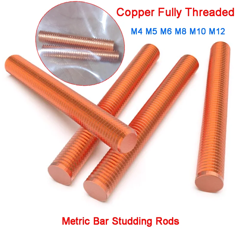 

T2 Copper Fully Threaded Metric Bar M4 M5 M6 M8 M10 M12 Red Copper Studding Rods Bolts Length 30mm - 500mm