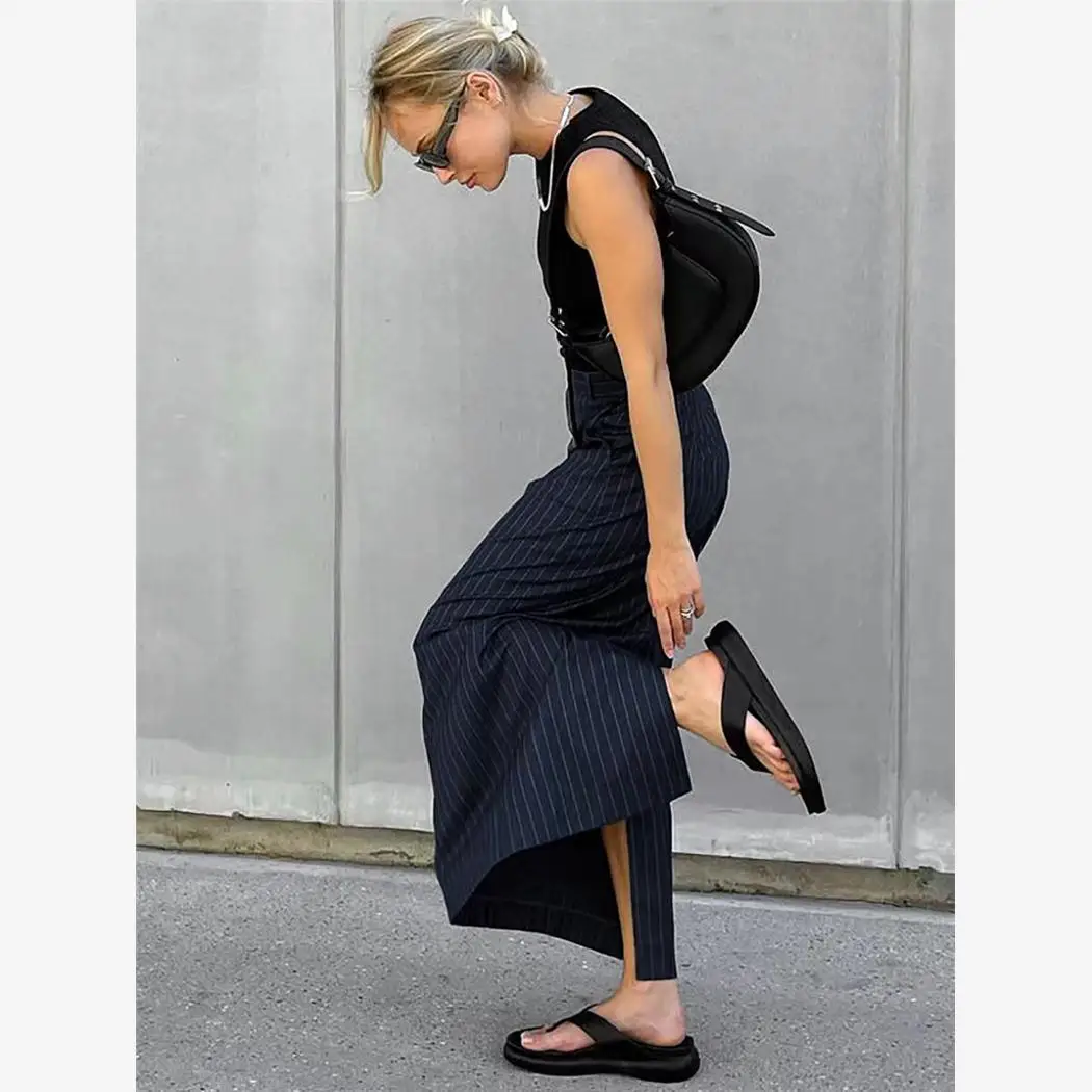 Cintura alta listrado split corte reto midi saia fadable fino ajuste saias femininas primavera 2024 coleção ele saia longa