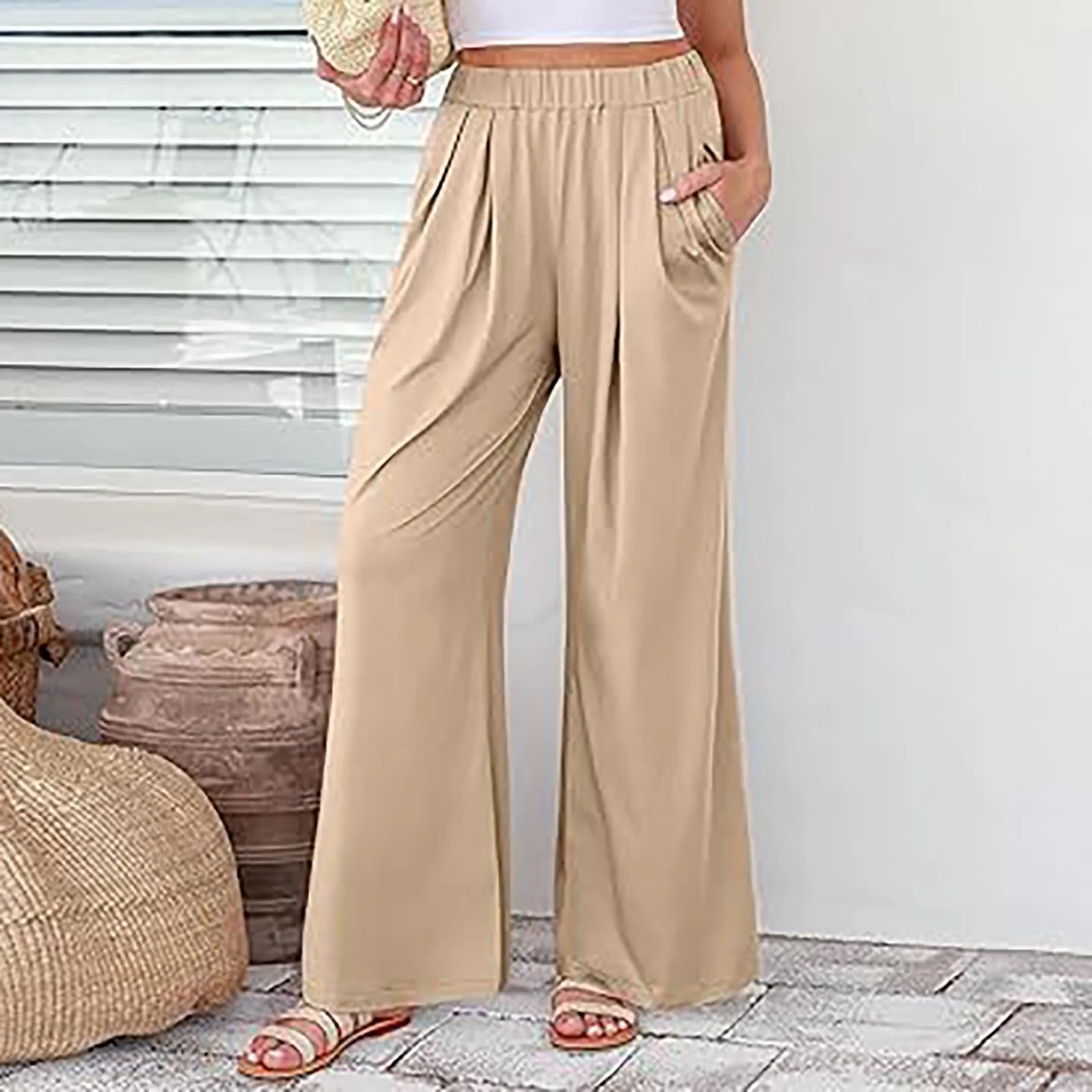 Damespakken Broek Hoge Taille Gedrapeerde Effen Kleur Wijde Pijpen Broek Office Lady Business Elastische Losse Casual Rechte Broek