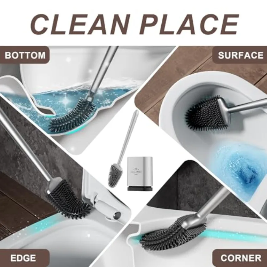 Silicone Toilet Brush, Ventilation Slots Base Holder 1 Pack Silver Flexible Bristles Flat Head for Rim, Hair Tangle-Free, Easy