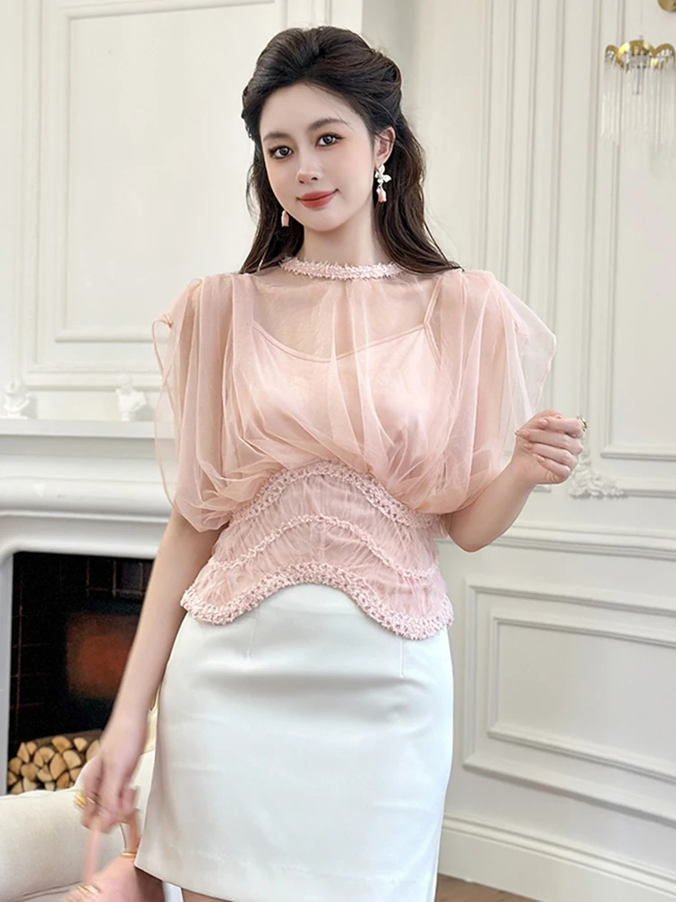 

Romantic Pink See Through Mesh Fake 2 Piece Blouse Women's Sexy Lady-like Perspective Date Tops Female Club Party Peplum T-shirt