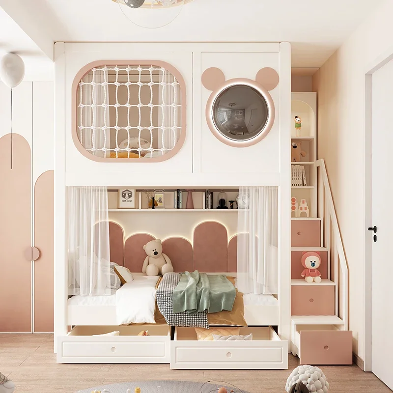 Full solid wood upper and lower beds Bunk beds Mickey children's bed Girl princess bed Small apartment Castle tree house bed wit